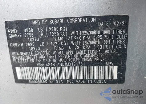 2021 Subaru Outback Limited from USA, damaged, VIN 4S4BTANC1M3191761